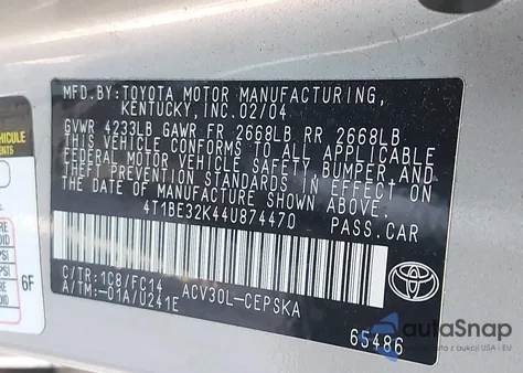 2004 Toyota Camry Se from USA, damaged, VIN 4T1BE32K44U874470